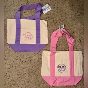 2 Trader Joes Mini Canvas Tote Bag - Pink and Purple Trim